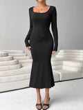 Bodycon Square Neck Mermaid Hem Dress, Elegant Long Sleeve Dress For Spring & Fall, Women's Clothing