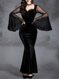 Elegant Gothic Velvet Mermaid Dress: Stretchy Polyester Blend, Low Neck, Semi-Sheer, Machine Washable with Contrast Mesh & Ruffle Sleeves