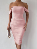 Elegant Off-The-Shoulder Ruched Bodycon Dress - High-Elasticity, Skin-Tight, Solid-Colored, Knit Fabric, Hand-Washable, Perfect for Party, Banquet, and Vacation - Womens All-Season Clothing