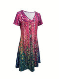 Abstract Print Color Block Dress, Boho V Neck Short Sleeve Dress, Women's Clothing