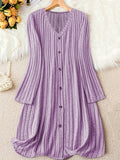 Stylish Plus Size V Neck Ribbed Dress - Plus Size Dresses for Fall & Winter - Long Sleeve, Button Front, Casual, Comfortable, and Flattering