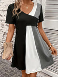 Zjkrl  -  Vibrant Color Block V-Neck Chic Dress - Women's Casual Short Sleeve Loose Fit Dresses for Everyday Wear - Comfortable, Breathable, and Stylish Clothing for Ladies