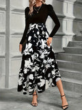 1pc Vintage Style Women'S Long Knit Dress with Floral Print and Contrast Color Puff Sleeves, Round Neck, Polyester, Loose Fit Skirt, Two-Tone Design for Autumn/Winter