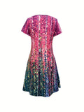 Abstract Print Color Block Dress, Boho V Neck Short Sleeve Dress, Women's Clothing