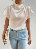 Elegant Solid Pleated Blouse - Chic Mock Neck, Short Sleeves, Back Keyhole Detail, Breathable Fabric, Perfect for Spring & Summer, Women's Fashion Clothing