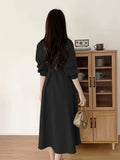 Stylish Solid Color Tie Waist Midi Dress - Women's Long Sleeve Pocket Dress for Spring & Fall - Korean Inspired, Zip Up Collared, Comfortable and Versatile Clothing for Ladies