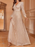 Elegant Sequin V-Neck Maxi Dress with High Waist - Long Sleeve, Floor-Length Evening Gown for Women