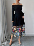 1pc Elegant Off-Shoulder Floral Embroidery Mesh Panel Summer Dress for Women, Polyester Knit Fabric, All-Season Fashion