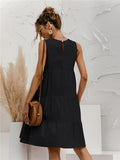 Zjkrl  -  Chic Solid Tiered Keyhole Back Tank Dress - Women's Vacation Sleeveless Crew Neck Loose Fit Dresses for Summer - Comfy Relaxed Style for Beach, Outdoor Activities