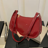 Fashion Solid Color PU Glossy Casual Shoulder Bag with Zipper, Unlined Simple Chic Handbag for Work, Shopping, Gift - White
