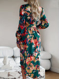 Allover Print Wrap Dress, Elegant V Neck Long Sleeve Dress, Women's Clothing For Elegant Dressing