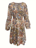 Vibrant Paisley Print V Neck A-Line Dress - Women's Elegant Vacation Dresses with Layered Sleeves