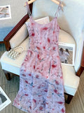 Elegant For Spring & Summer Rose Print Tie Shoulder Sleeveless Spaghetti Strap Cami Dress, Women's Clothing