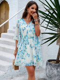 Charming Floral Print V-neck Swing Dress with Belted Waist & Ruffle Flare Sleeves - A Feminine and Elegant Addition to Your Wardrobe - Womens Clothing