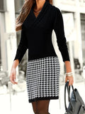 Zjkrl  -  Chic Houndstooth V Neck Dress - Casual Long Sleeve Slim Fit - Perfect for Everyday Style - Womens Fashion Clothing