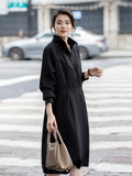 Korean Style A-Line Midi Dress - Polyester and Elastane Blend, Casual Wear for Spring and Autumn, Small Collar, No Pattern, No See-Through, Comfortable and Versatile for Women