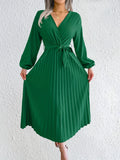 Elegant Micro-Elastic Tunic Dress – Solid Pleated V-Neck with Lantern Sleeves & Belt, Perfect for Adult Women's Fall/Winter Fashion