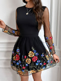 Elegant Semi-Sheer Embroidered Crew Neck Fit and Flare Dress - Micro Elastic Polyester Long Sleeve A-Line Dress for Spring and Fall - Womens Elegant Clothing for Adult