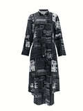 Zjkrl  -  Chic Newspaper Print Womens Dress - Versatile Button-Down Style with Flattering Long Sleeves - A Fashionable Everyday Shirt Dress for Your Wardrobe
