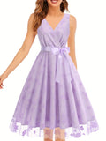 Stunning Floral Embroidered A-Line Tank Dress - Elegant Surplice Neck Sleeveless Party Dress for Women - Perfect for Banquet, Wedding, and Formal Occasions with Tie Waist Detail
