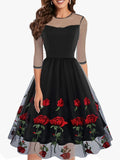 Vintage Chic Rose Embroidered Cocktail Dress - Fitted, Crew Neck, Tea-Length, 100% Polyester Knit Fabric, Elegant 50s Style, All-Season Wear, Embroidery Floral Pattern, High-Quality Stitching, Comfortable Fit, Ideal for Forma