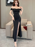 Women's Off-Shoulder One-Shoulder High-Slit Mermaid Gown, Pink Evening Dress, Bridal Bridesmaid Dress, Polyester, Solid Color, Cross-Over Hem, Seasonal, Adult, 250g Weight, Woven Fabric