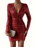 All-Season Glam: Elegant Sequined V-Neck Bodycon Dress with Comfort-Fit Elasticity & Stylish Ruched Details