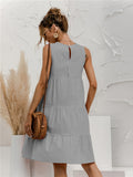 Zjkrl  -  Chic Solid Tiered Keyhole Back Tank Dress - Women's Vacation Sleeveless Crew Neck Loose Fit Dresses for Summer - Comfy Relaxed Style for Beach, Outdoor Activities