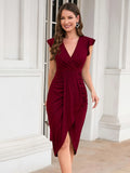 Elegant Women's Solid Surplice Neck Ruched Dress with Flutter Sleeve and Asymmetrical Hem for Elegant Dressing