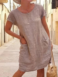 Vibrant Solid Color Crew Neck Dress - Women's Casual Short Sleeve Dresses for Spring & Summer - Comfortable, Breathable, Easy Care Clothing for Everyday Wear