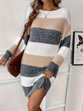 Women's Color Block Fuzzy Knitted Mini Dress - Elegant Drop Shoulder, Lantern Sleeve, Crew Neck, Perfect for Fall & Winter Season