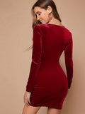 Luxurious Velvet Bodycon Mini Dress for Women - Elegant Dresses with V-Neck, Long Sleeve, Surplice Detail, Machine Washable, and Comfortable Fit for a Night Out