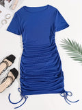 Sexy Mini Bodycon Dress - Crew Neck, Mid-Elastic Polyester, Ruched Detail, Fake Drawstring, Solid Color, Party Perfect for Women - All Seasons, Middle East Style