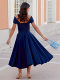 Stunning Off The Shoulder Midi Wedding Guest Dress - Elegant A-line Cocktail Party Dress with Swing Hem - Chic, Sophisticated, and Timeless Style for Women