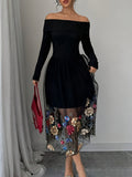 1pc Elegant Off-Shoulder Floral Embroidery Mesh Panel Summer Dress for Women, Polyester Knit Fabric, All-Season Fashion
