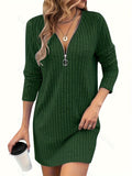 Women'S Solid Color Ribbed Dress, Polyester, Deep V-Neck, Knit Fabric, Fitted, Adult, Autumn/Winter Fashion, Casual Style