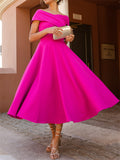 Stunning Off The Shoulder Midi Wedding Guest Dress - Elegant A-line Cocktail Party Dress with Swing Hem - Chic, Sophisticated, and Timeless Style for Women