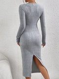 Elegant Long Sleeve Crew Neck Dress - Versatile Ribbed Knit with Split Hem, Perfect for Women in Fall & Winter