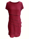 Layered Trim Crew Neck Dress, Elegant Short Sleeve Dress For Spring & Summer, Women's Clothing