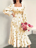 Elegant Women's Floral Print A-line Dress, Long Sleeve Square Neck Ruffle Hem Dress for Spring & Fall