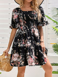 Charming Floral Print Dress with Adjustable Shirred Waist - Chic Short Sleeve Square Neck Design for Women - Perfect Casual Style