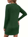 Women'S Solid Color Ribbed Dress, Polyester, Deep V-Neck, Knit Fabric, Fitted, Adult, Autumn/Winter Fashion, Casual Style