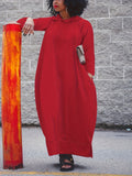 Plus Size Solid Long Sleeve Hooded Maxi Dress with Side Slit Pockets for Fall & Winter, Casual Women's Clothing