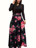 Floral Print Long Sleeve Dress, Elegant Crew Neck Pleated Maxi Dress, Women's Clothing