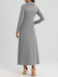 Elegant Long Sleeve Maxi Fit and Flare Dress with Pockets - Soft High Elasticity Polyester Fabric, Solid Color, Cowl Neck, Comfortable for All Seasons - Womens Everyday Wear
