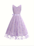 Stunning Floral Embroidered A-Line Tank Dress - Elegant Surplice Neck Sleeveless Party Dress for Women - Perfect for Banquet, Wedding, and Formal Occasions with Tie Waist Detail