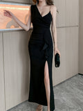 Stunning Asymmetric Backless Dress - Solid Chain Detail, Sleeveless, Split Thigh, Elegant Party Dress for Women - Perfect for Formal Occasions, Night Out, Clubbing, and Special Events
