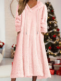 Long Sleeve Plus Size Women's Solid Fleece Drawstring Hooded Dress With Pockets