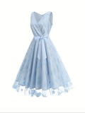 Stunning Floral Embroidered A-Line Tank Dress - Elegant Surplice Neck Sleeveless Party Dress for Women - Perfect for Banquet, Wedding, and Formal Occasions with Tie Waist Detail