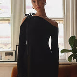 Zjkrl  -  Trendy Asymmetrical Neckline Long Sleeve Dress - Cold Shoulder, Y2K Inspired, Solid Color, Women's Fashion Clothing for Casual Occasions - Comfortable, Flattering Fit